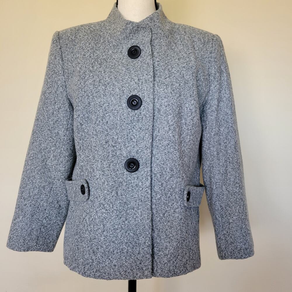 dressbarn L Career Button Front Jacket Blazer Stand Up Collar Side Belted Gray
